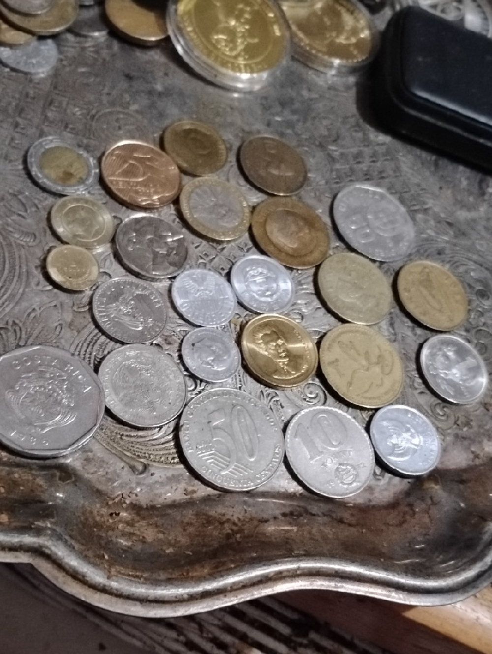 Mixed Foreign Coin Collection on Decorative Metal Tray